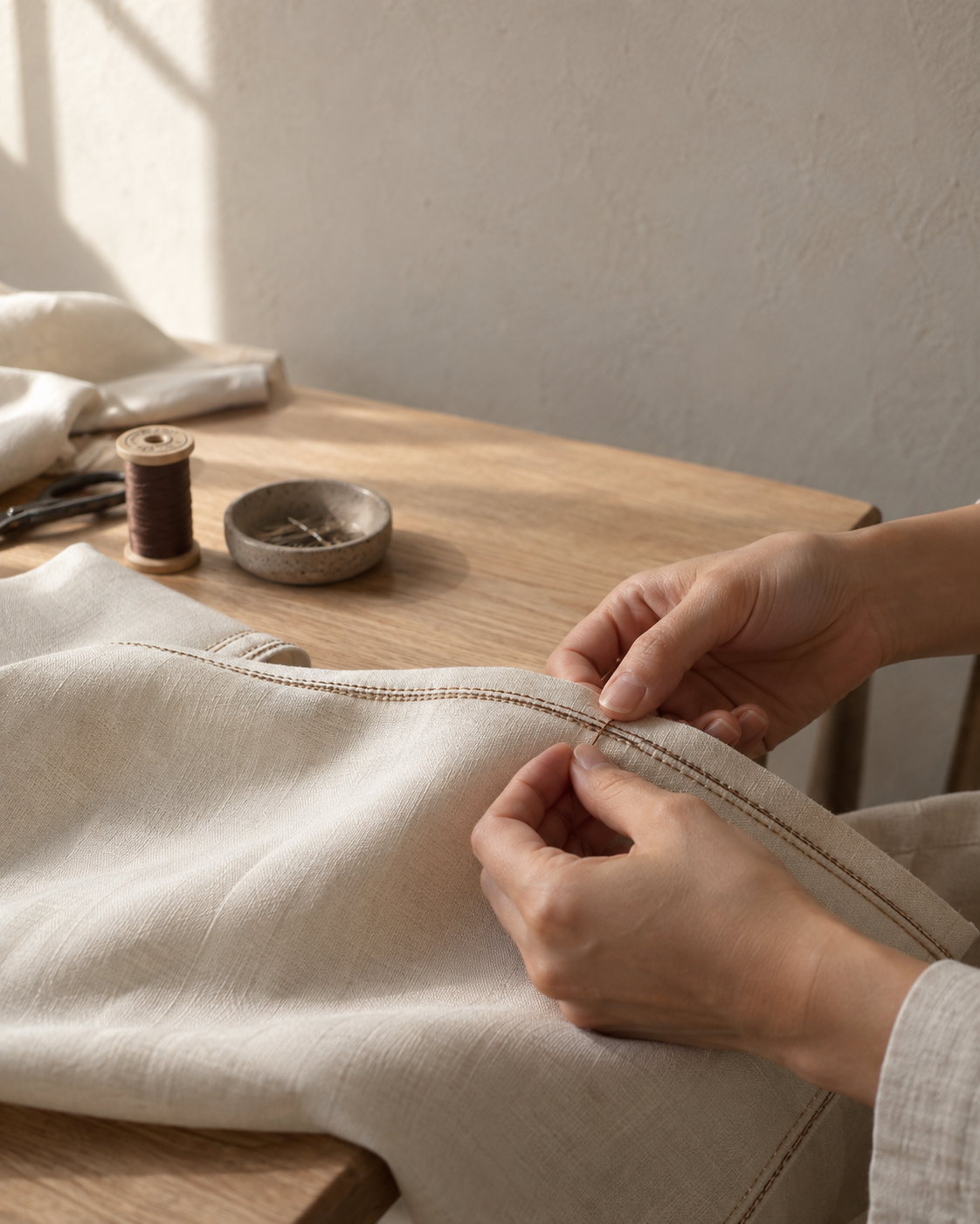 Precise bedding seam and edge finishing in a textile atelier