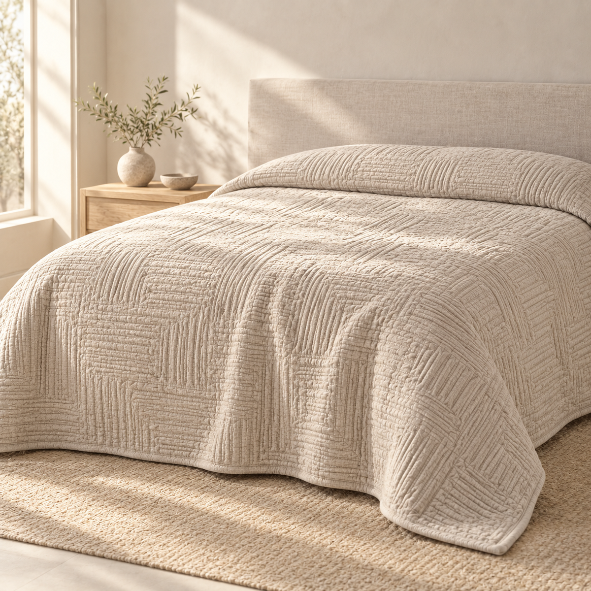 Ardel Matelassé Coverlet, styled in a refined low-contrast bedroom