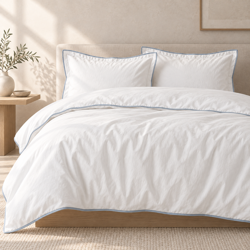 Cael Crisp Percale Duvet Set, styled in a refined low-contrast bedroom