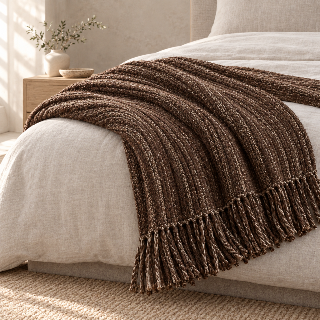 Celestia Sculpted Bed Throw, styled in a refined low-contrast bedroom