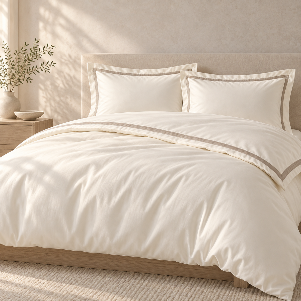 Élan Egyptian Cotton Duvet Set, styled in a refined low-contrast bedroom