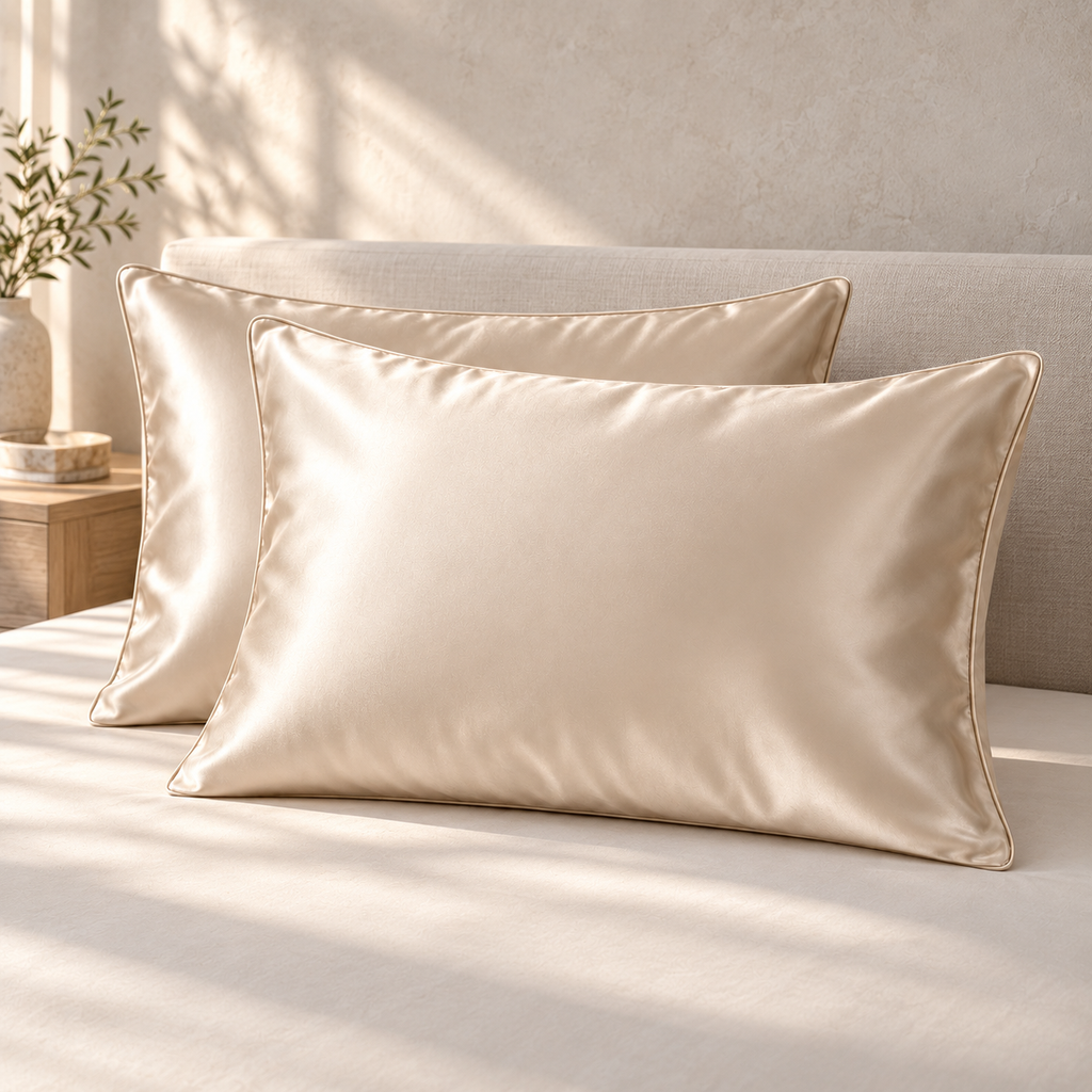 Elowen Silk-Blend Pillowcase Pair, styled in a refined low-contrast bedroom