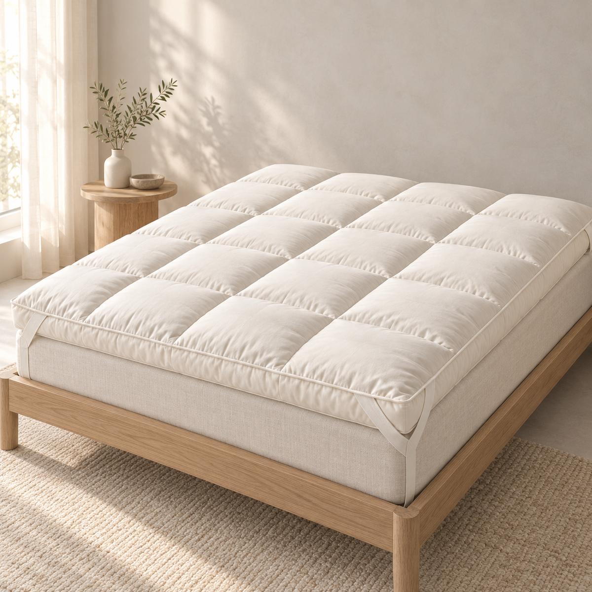 Eterne Down-Alternative Mattress Topper, styled in a refined low-contrast bedroom