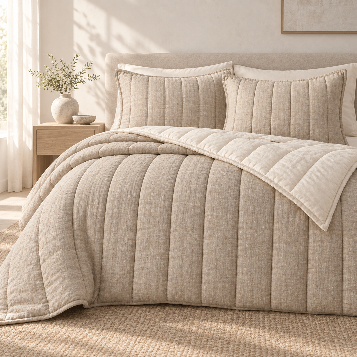 Liora Linen-Cotton Quilt Set, styled in a refined low-contrast bedroom