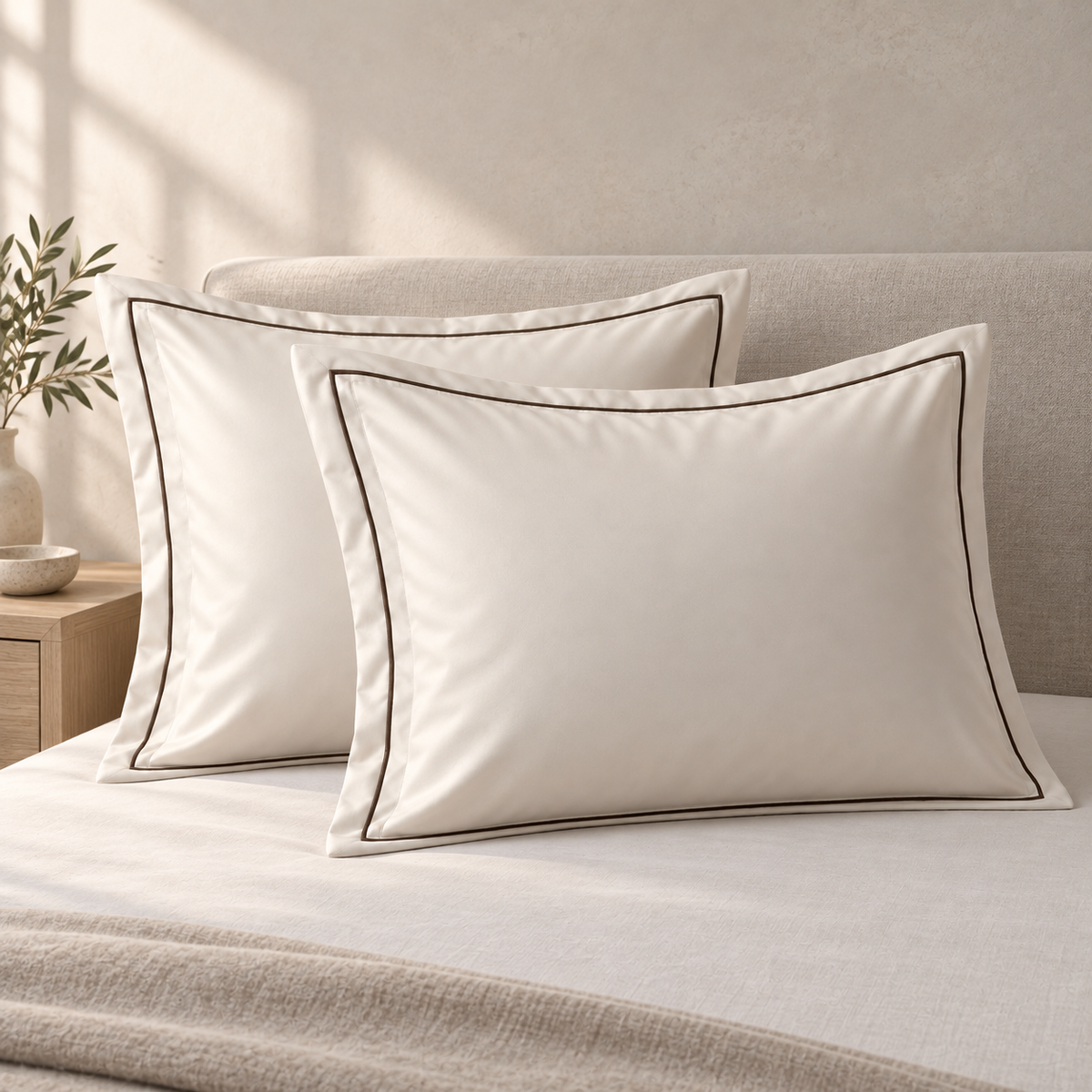 Mirelle Hotel Border Sham Pair, styled in a refined low-contrast bedroom