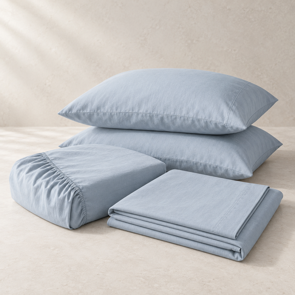 Nivea Airwashed Percale Sheet Set, complete set on a quiet studio surface
