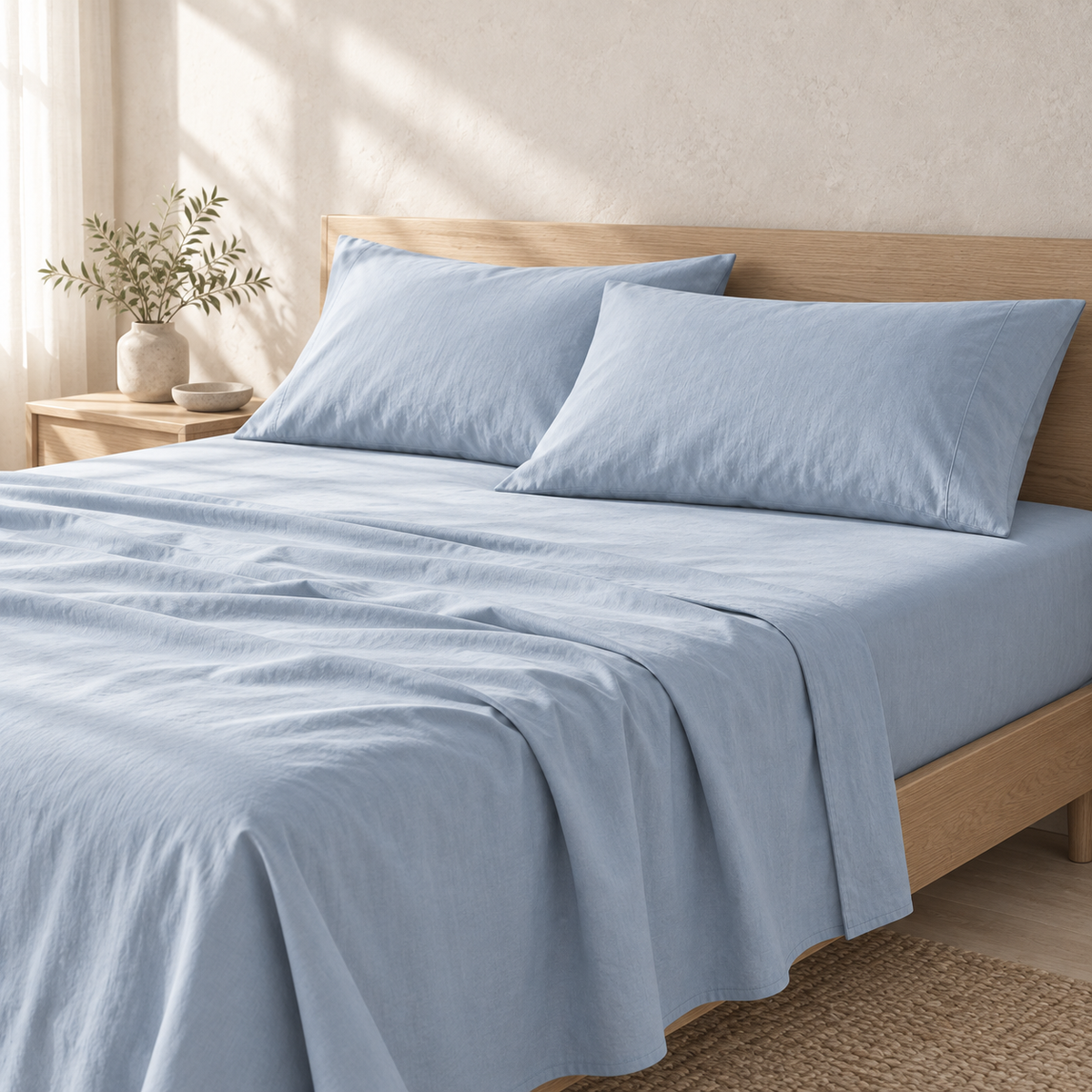 Nivea Airwashed Percale Sheet Set, styled in a refined low-contrast bedroom