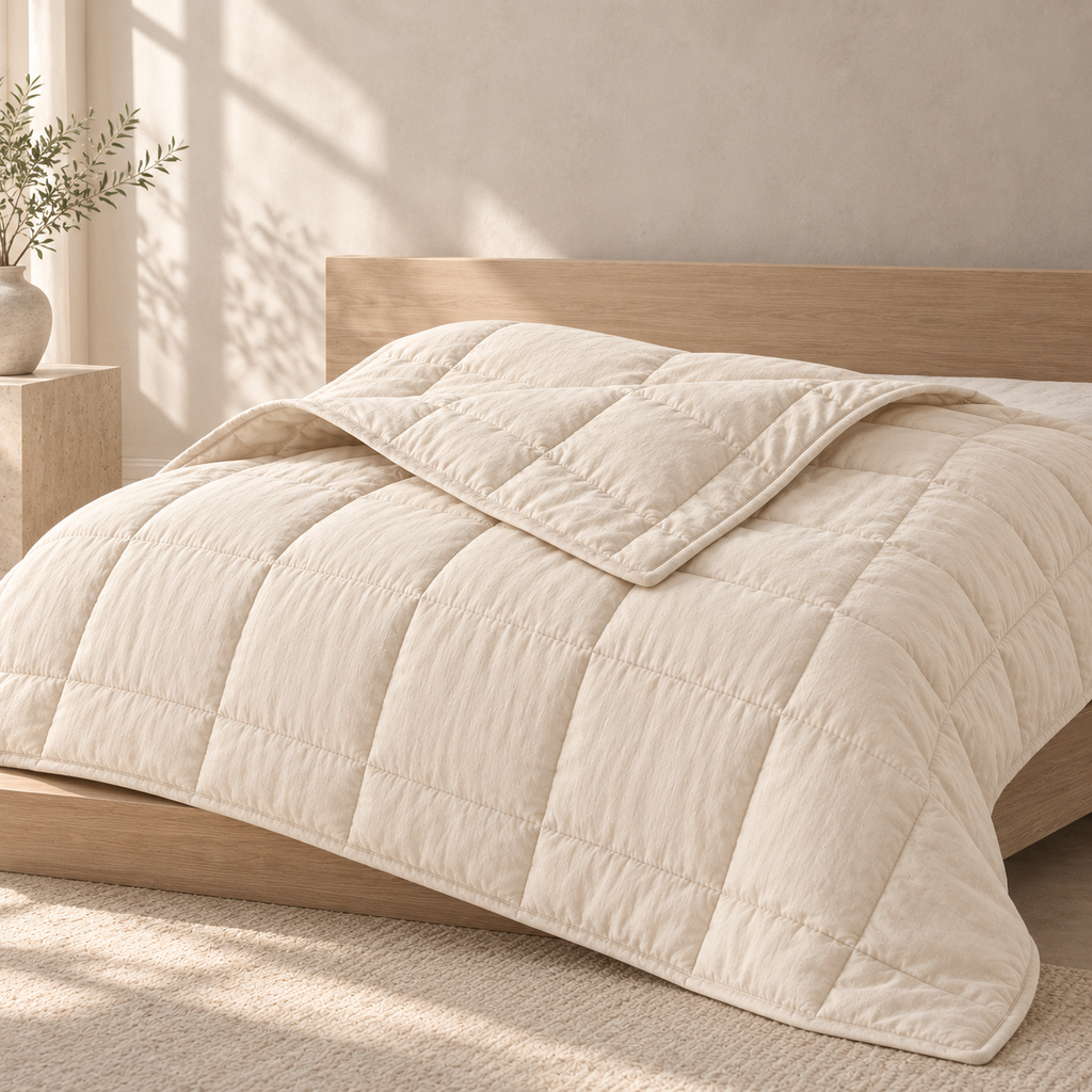 Noctelle Silk-Filled Summer Quilt, styled in a refined low-contrast bedroom