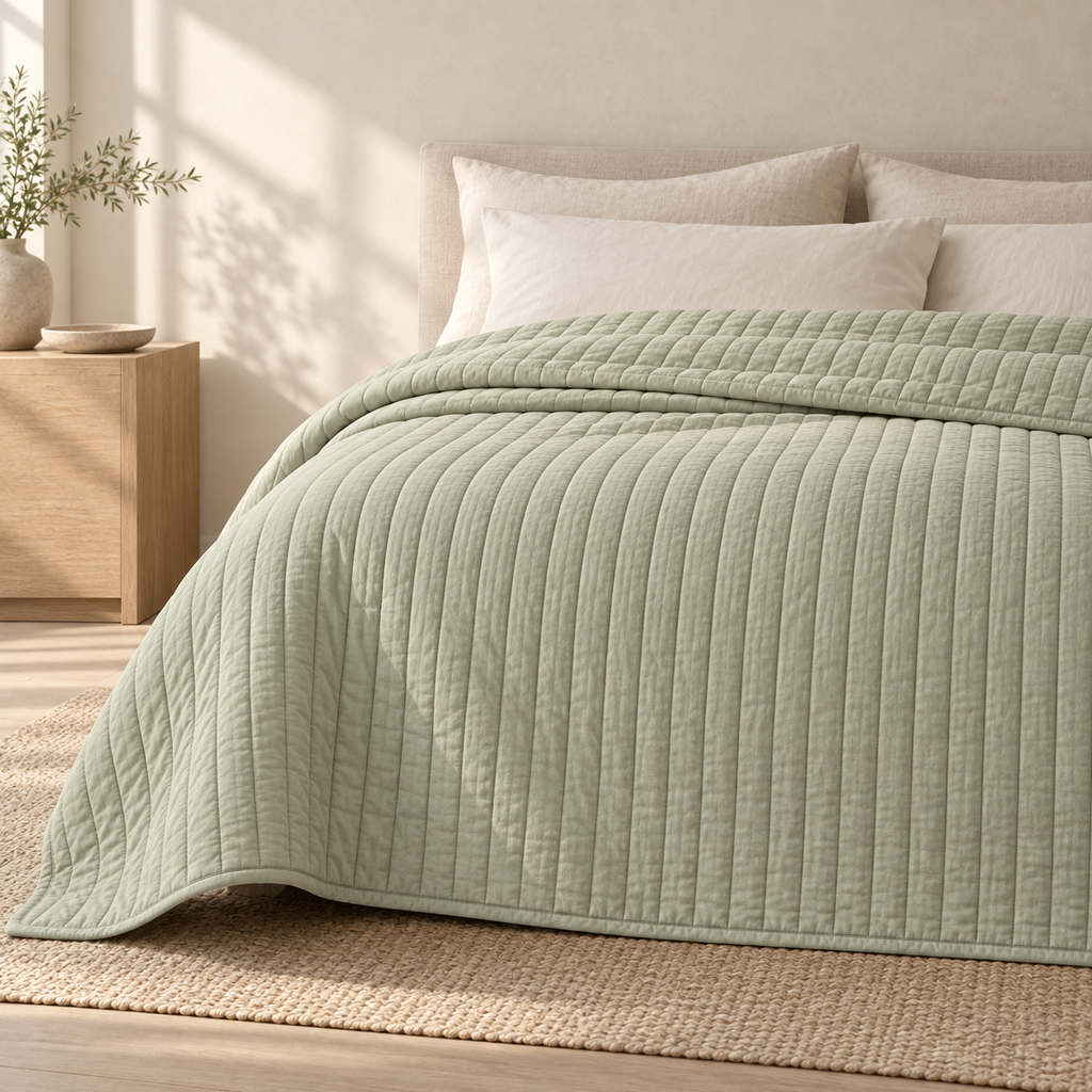 Orme Percale Coverlet, styled in a refined low-contrast bedroom