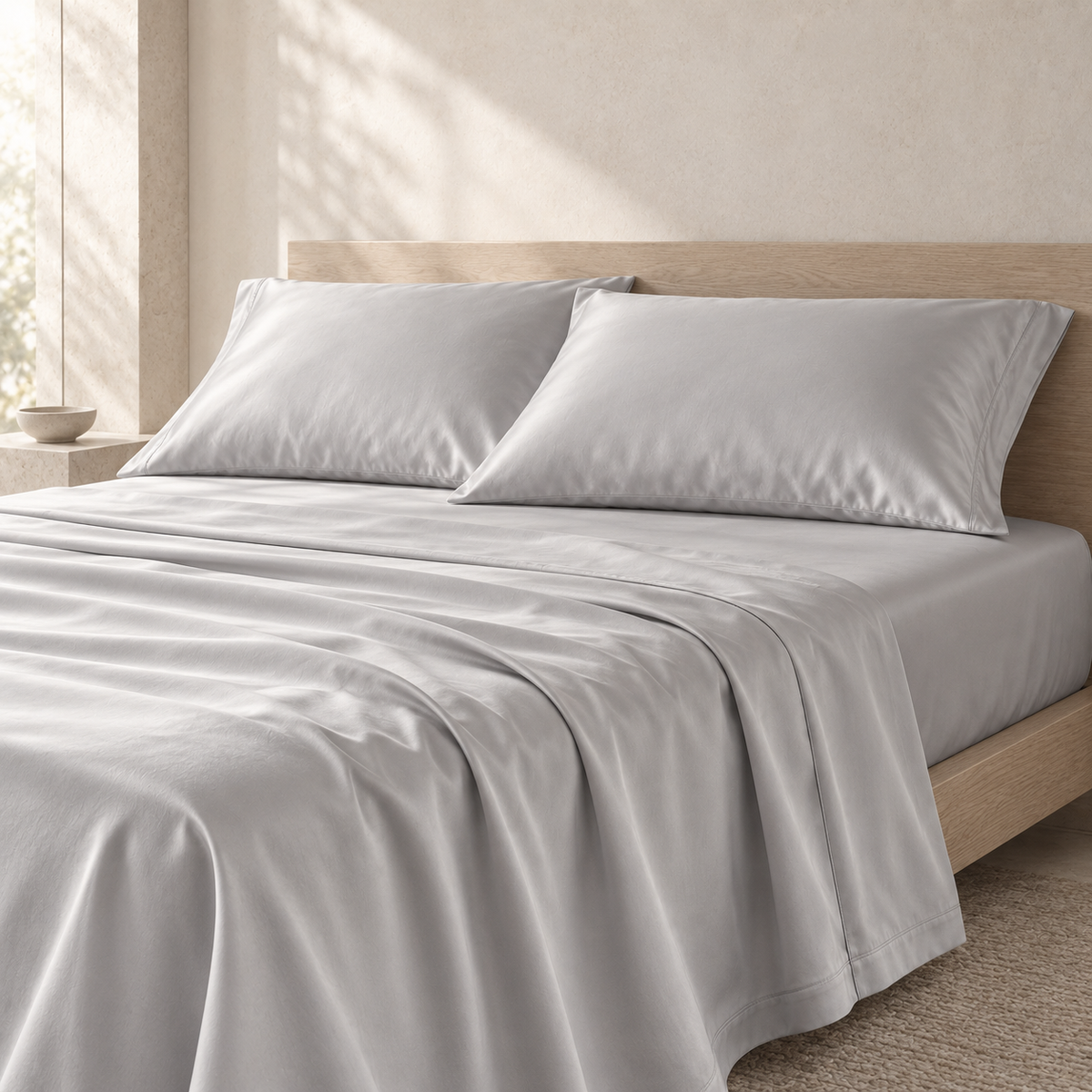 Serein Tencel Sheet Set, styled in a refined low-contrast bedroom
