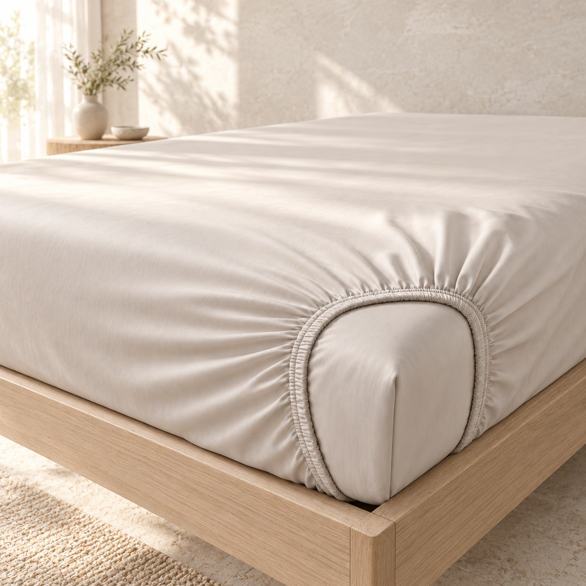Solenne Deep-Pocket Fitted Sheet, styled in a refined low-contrast bedroom