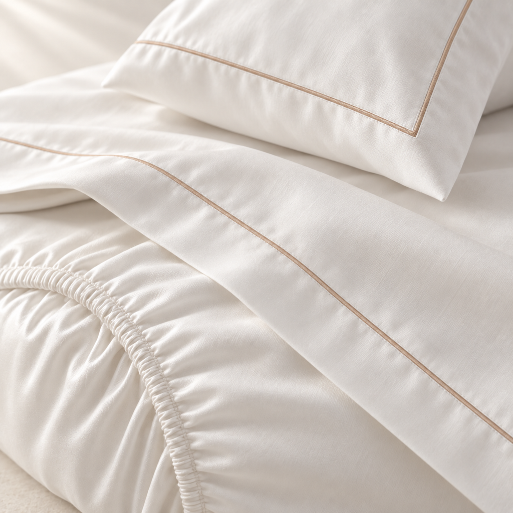 Vela Long-Staple Sateen Sheet Set, close material and construction detail
