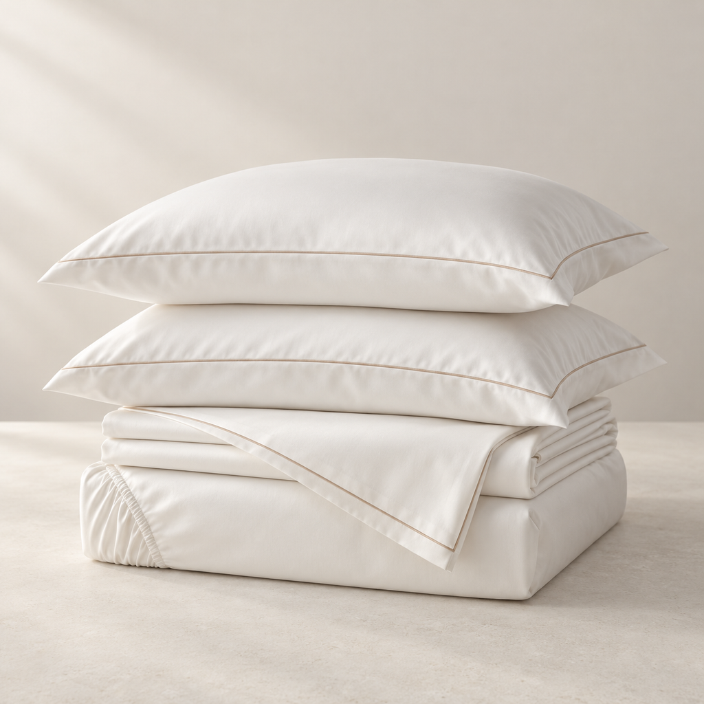 Vela Long-Staple Sateen Sheet Set, complete set on a quiet studio surface