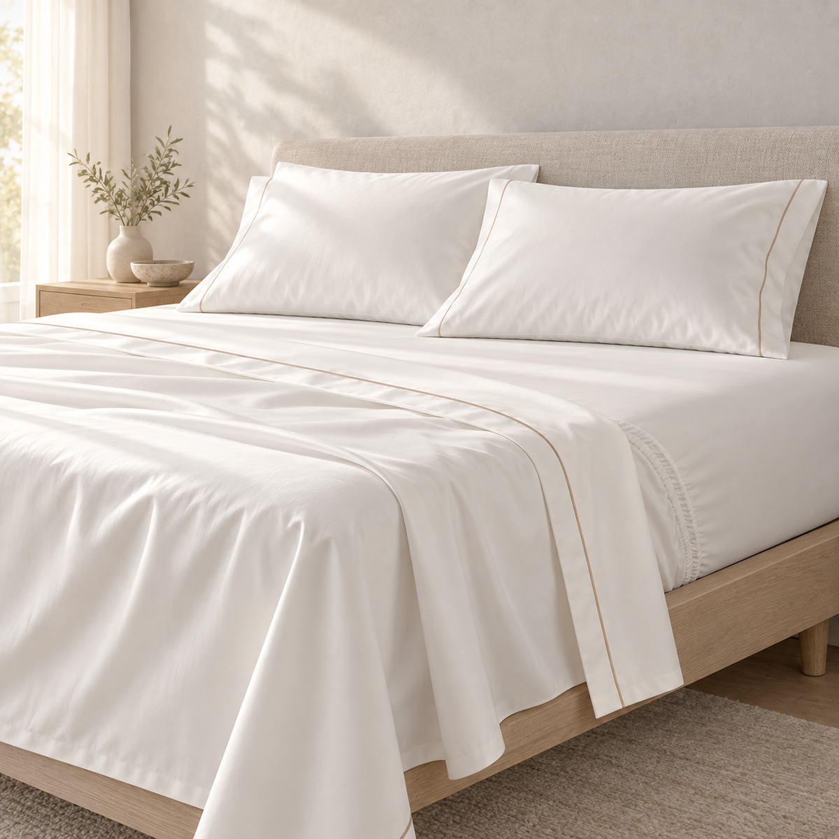 Vela Long-Staple Sateen Sheet Set, styled in a refined low-contrast bedroom
