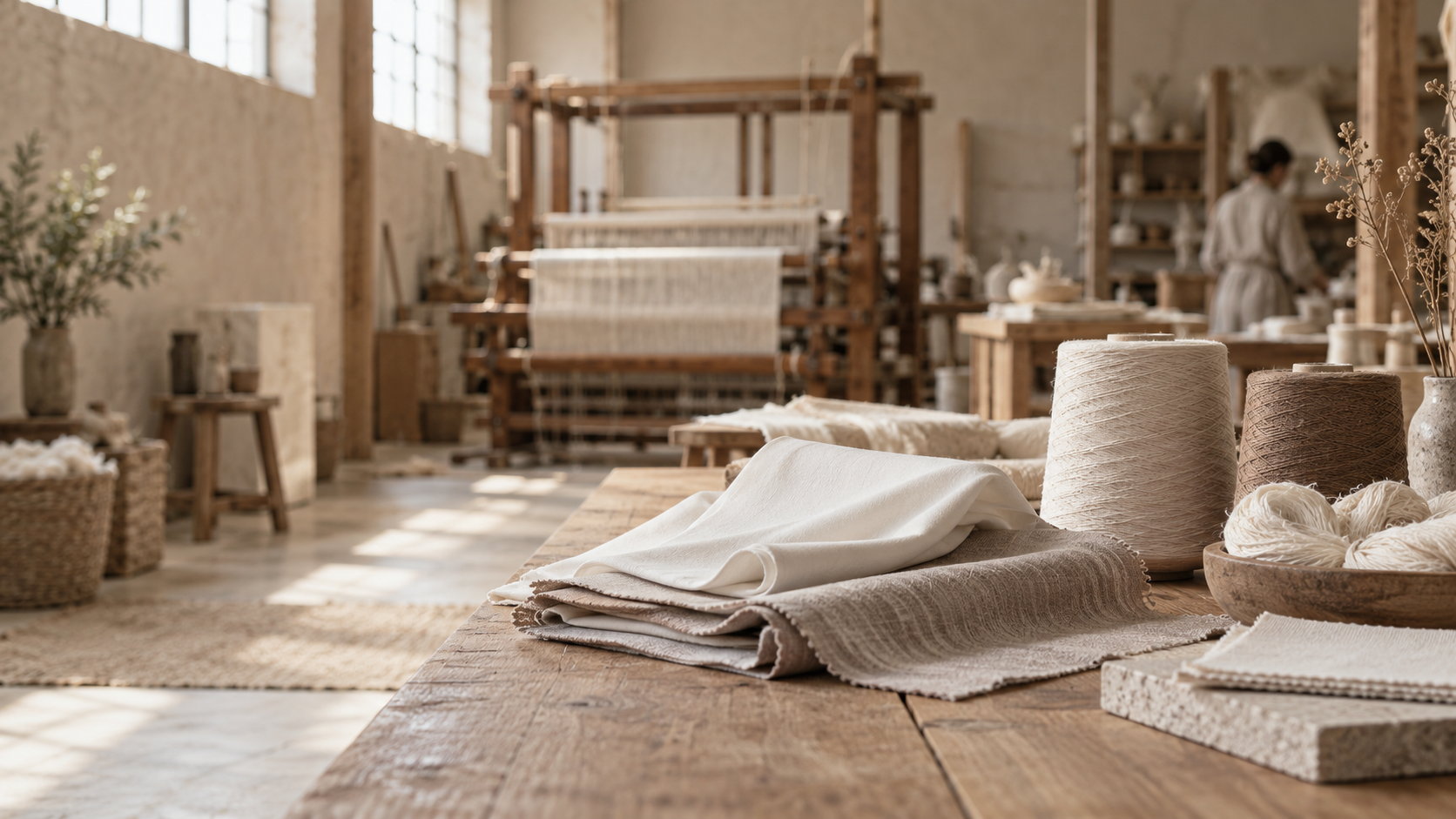A quiet textile atelier with natural fibers and woven samples